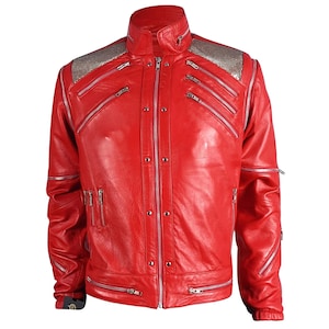 Veste en cuir rouge MJ Beat it à manches amovibles faite main pour homme