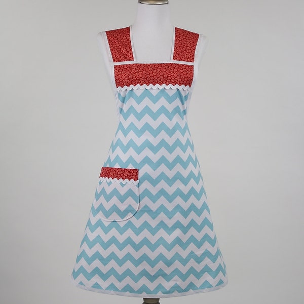 Cooking Apron Aqua Blue Chevron Zig Zag Red and Blue Retro Full Apron--Last One