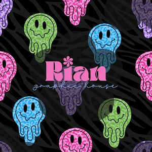 May include: A seamless pattern featuring colorful, melting smiley faces in shades of pink, blue, green, and purple, set against a black zebra stripe background. The text "Rian graphic house" is in the center of the image.
