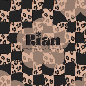 Può includere: Un motivo digitale con un motivo a scacchiera con accenti di stampa leopardata in nero, beige e marrone. Il testo "Rian graphic house" è sovrapposto al design.