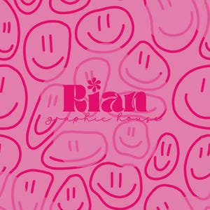 May include: A pink background featuring a pattern of smiley faces in different shades of pink. The text "Rian graphic house" is in the centre, in a darker pink font. The smiley faces have two vertical lines for eyes and a curved line for a smile.
