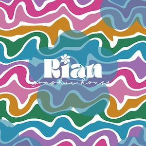 Puede incluir: Un patrón colorido y ondulado en tonos rosa, morado, verde, azul y dorado. El diseño presenta el texto "Rian graphic house" en blanco, con un motivo floral. El tema general es un diseño retro y psicodélico.