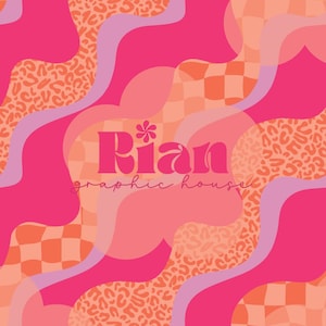 May include: A vibrant, abstract design featuring a mix of pink, orange, and lavender hues. The design incorporates wavy shapes, leopard print patterns, and a checkered pattern. The text "Rian graphic house" is displayed in a stylized font.