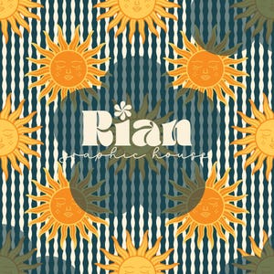 Peut inclure: Motif répété de soleils orange stylisés avec des yeux fermés et des visages souriants sur un fond à rayures bleu sarcelle et blanc. Le texte "Brian graphic house" est centré en blanc.