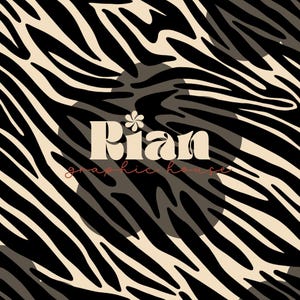 May include: A graphic design featuring a zebra stripe pattern in black and beige. The design includes the text "Rian graphic house" in a stylized font, with a flower graphic above the word "Rian".