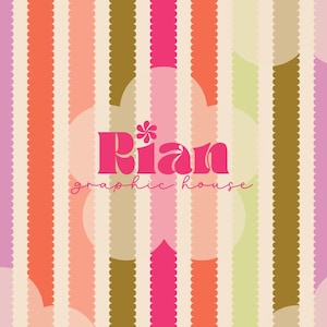 May include: A colorful graphic design featuring vertical stripes in shades of pink, orange, green, and beige. The design includes the text "Rian graphic house" in a bold pink font.