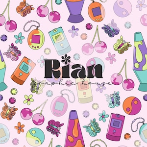May include: A pink background featuring a repeating pattern of retro illustrations. The design includes butterflies, cherries, flowers, lava lamps, cell phones, and a yin-yang symbol. The text "Rian graphic house" is in the center.