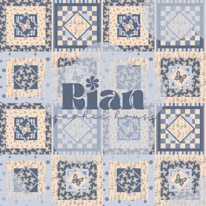 May include: A repeating pattern featuring squares with butterfly and floral motifs in shades of blue and beige. The design includes the text "Rian graphic house" in a stylized font, creating a cohesive and decorative aesthetic.