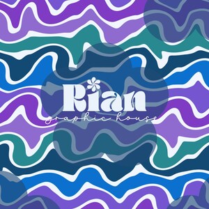 Puede incluir: Patrón ondulado abstracto en tonos de azul, verde azulado y morado. El diseño presenta un motivo repetitivo y fluido con una estética retro. El texto "Rian graphic house" está superpuesto al diseño.