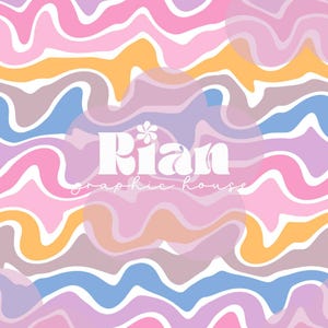Puede incluir: Patrón ondulado abstracto en tonos rosa, amarillo, azul y morado. El diseño presenta un motivo repetitivo y fluido con el texto "Rian graphic house" en blanco, fuente estilizada superpuesta al diseño. La estética general es retro y colorida.