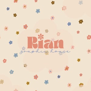 May include: A light beige background with a pattern of small, colorful flowers in shades of pink, blue, and brown. The text "Rian graphic house" is displayed in a peach color with a floral design.
