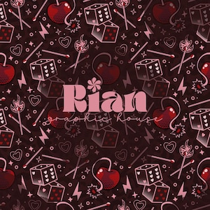 May include: A repeating pattern on a dark brown background featuring cherries, dice, matches, hearts, and lightning bolts in shades of red and pink. The text "Rian graphic house" is in the center.