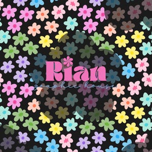 May include: A black background is covered with a pattern of colorful flowers in shades of pink, blue, yellow, green, and orange. The text "Rian graphic house" is in pink.