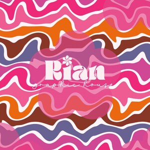 Puede incluir: Un patrón abstracto vibrante con líneas onduladas en tonos de rosa, naranja, marrón y morado. El diseño incluye el texto "Rian graphic house" en blanco, sobre un fondo rosa.