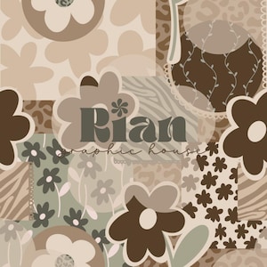 May include: A collage of floral and animal print patterns in shades of brown, beige, and green. The text "Rian graphic house" is displayed in the center. The design features large flower shapes and various textures.