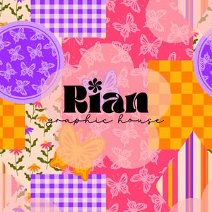 May include: A colorful graphic design featuring a patchwork of patterns. The design includes butterflies, floral elements, and geometric shapes in shades of pink, purple, orange, and yellow. The text "Rian graphic house" is also included.