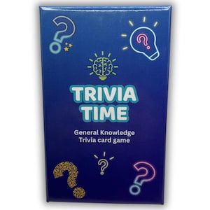 May include: A blue box with the words "TRIVIA TIME" in white, with the text "General Knowledge Trivia card game" below. The box features question mark and lightbulb graphics in yellow and pink.