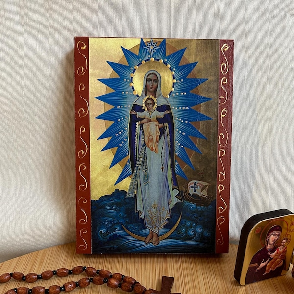 Icona di Santa Stella Maris, icone ortodosse, icona bizantina greco-ortodossa, copia fedele di un'icona bizantina ortodossa
