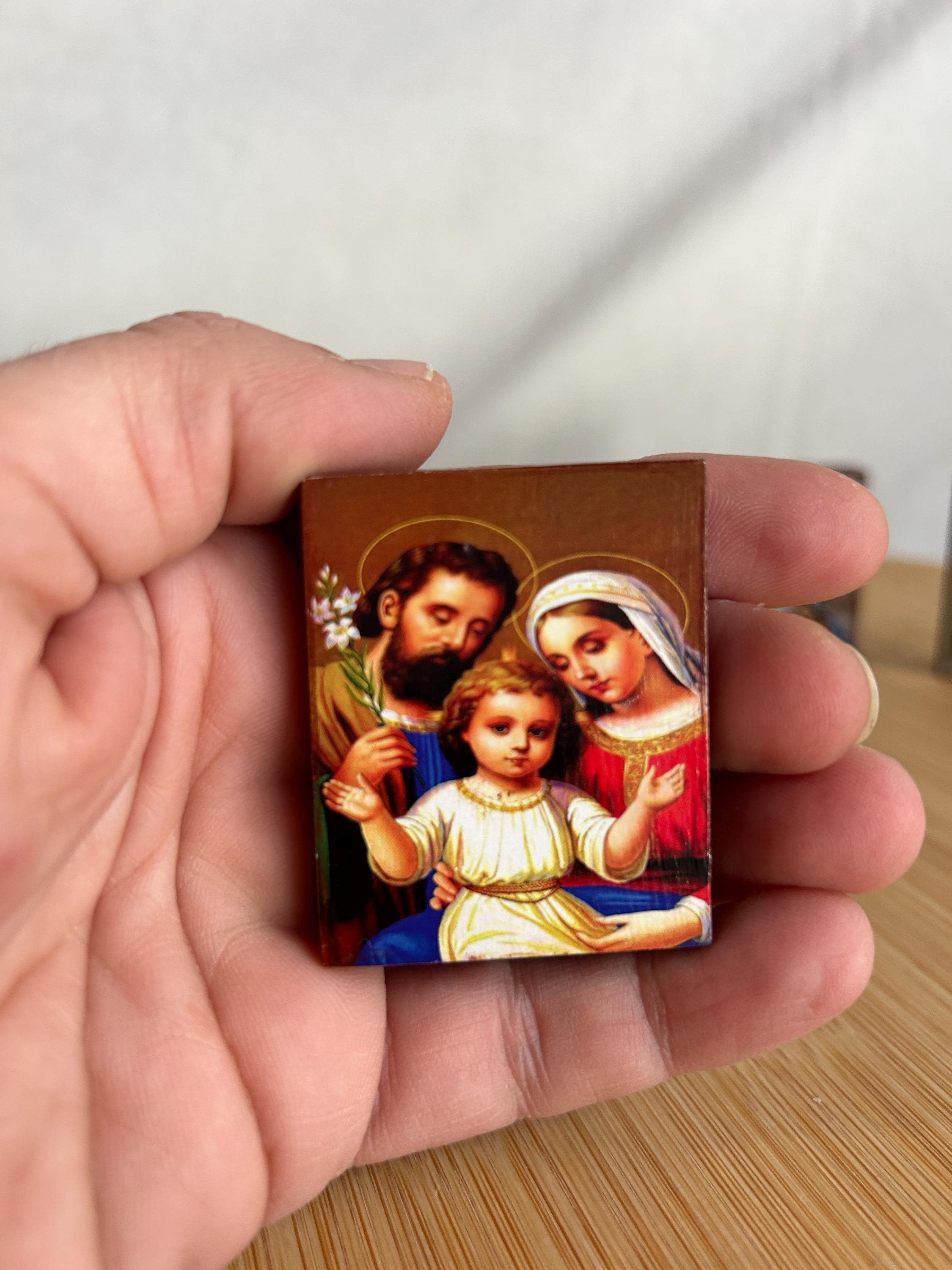 Small wooden icon The Holy Family in premium quality handmade faithful copy of an orthodox byzantine icon