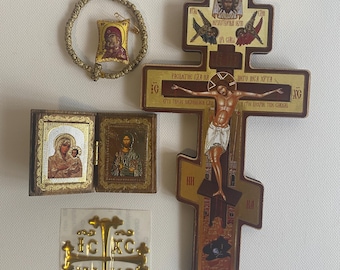 Christian Gift Set: Orthodox Cross, Rosary, Icon & Amulet
