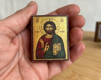 Small wooden pocket icon Jesus Christ in premium quality handmade faithful copy of an orthodox byzantine travel icon, car icon