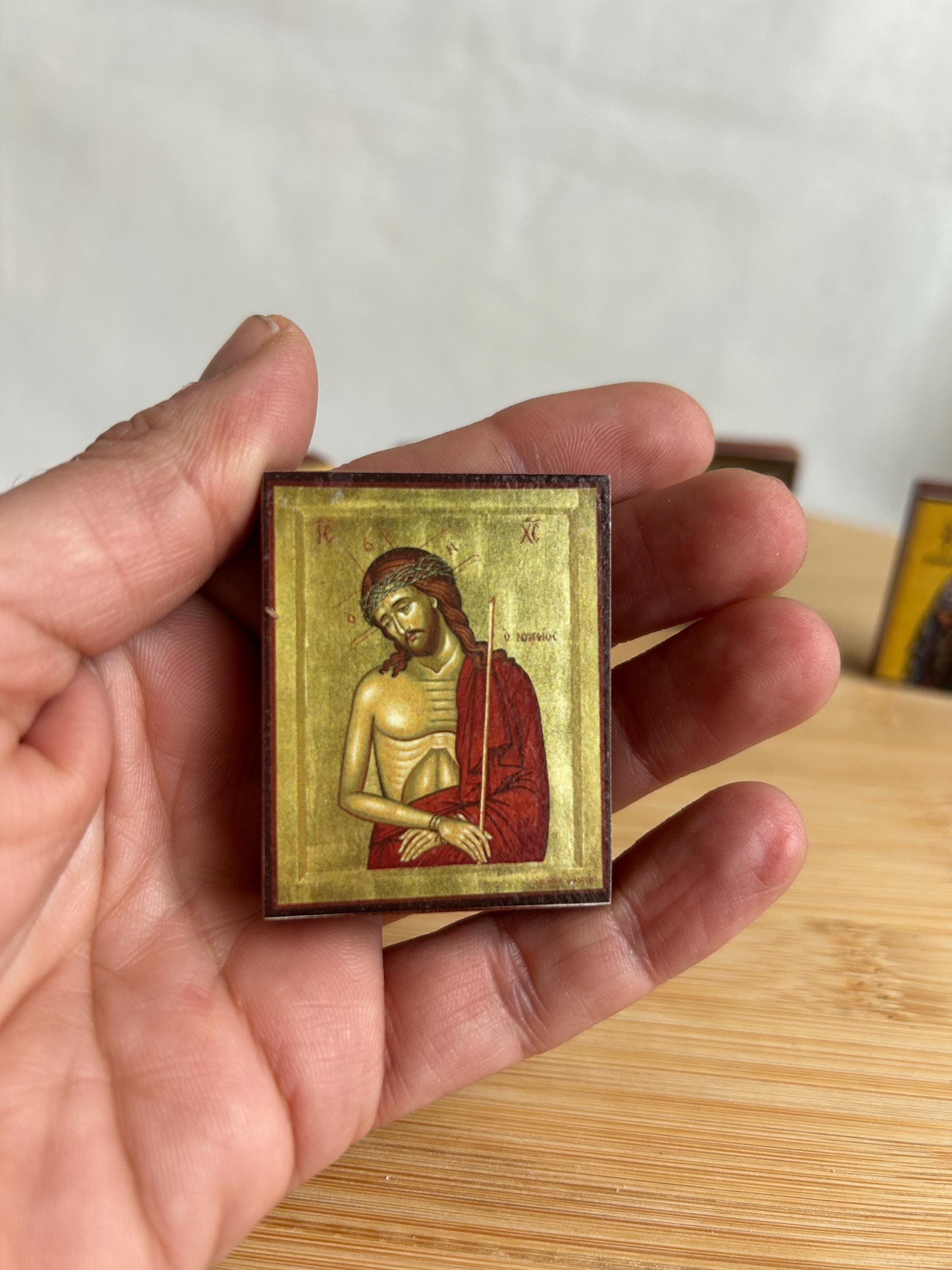 Small wooden pocket icon Jesus Christ Nymphios in premium quality handmade faithful copy of an orthodox byzantine travel icon, car icon
