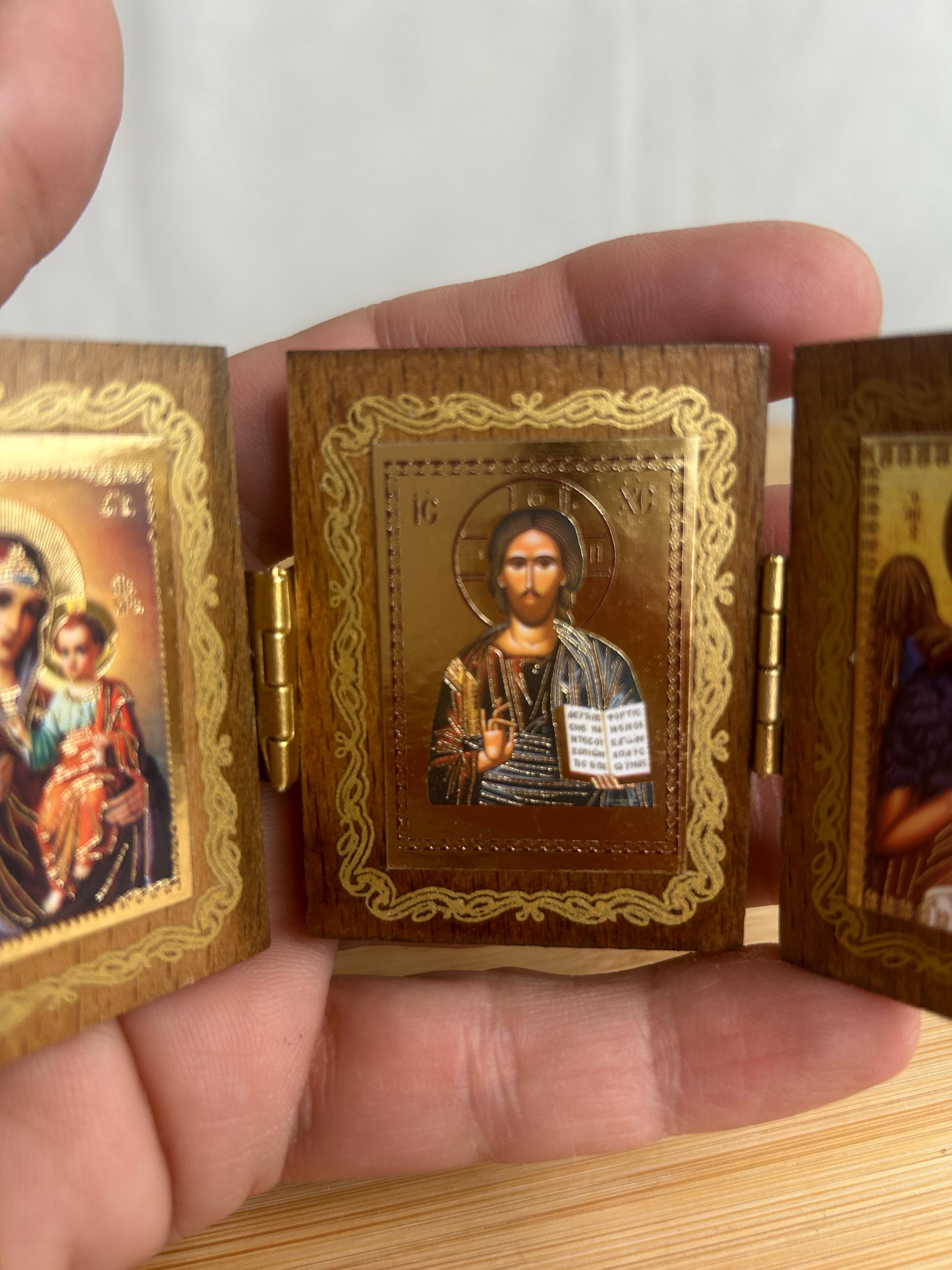 Small Wooden Triptych Icon of Jesus Christ and Holy Theotokos Greek ...