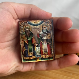 Small wooden icon saints Cyril and Methodius in premium quality handmade faithful copy of an orthodox byzantine icon