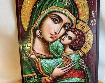 Virgin Mary Puzzle Jigsaw with Orthodox Christian Byzantine icon 80- 120-300 pieces Orthodox Saint Children’s Religious gift Sunday school