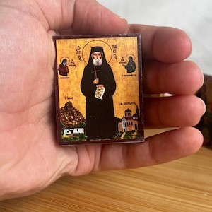 Kleine hölzerne Taschenikone Saint Paisios in Premium-Qualität handgefertigte originalgetreue Kopie einer kyrillischen byzantinischen Reiseikone