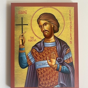 Saint Sebastian icon Orthodox icons Greek Orthodox byzantine icon Faithful copy of an orthodox icon printed on wood