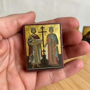 Small wooden pocket icon Saints Constantine and Helen in premium quality handmade faithful copy of an orthodox byzantine travel icon