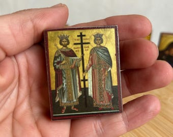 Small wooden pocket icon Saints Constantine and Helen in premium quality handmade faithful copy of an orthodox byzantine travel icon