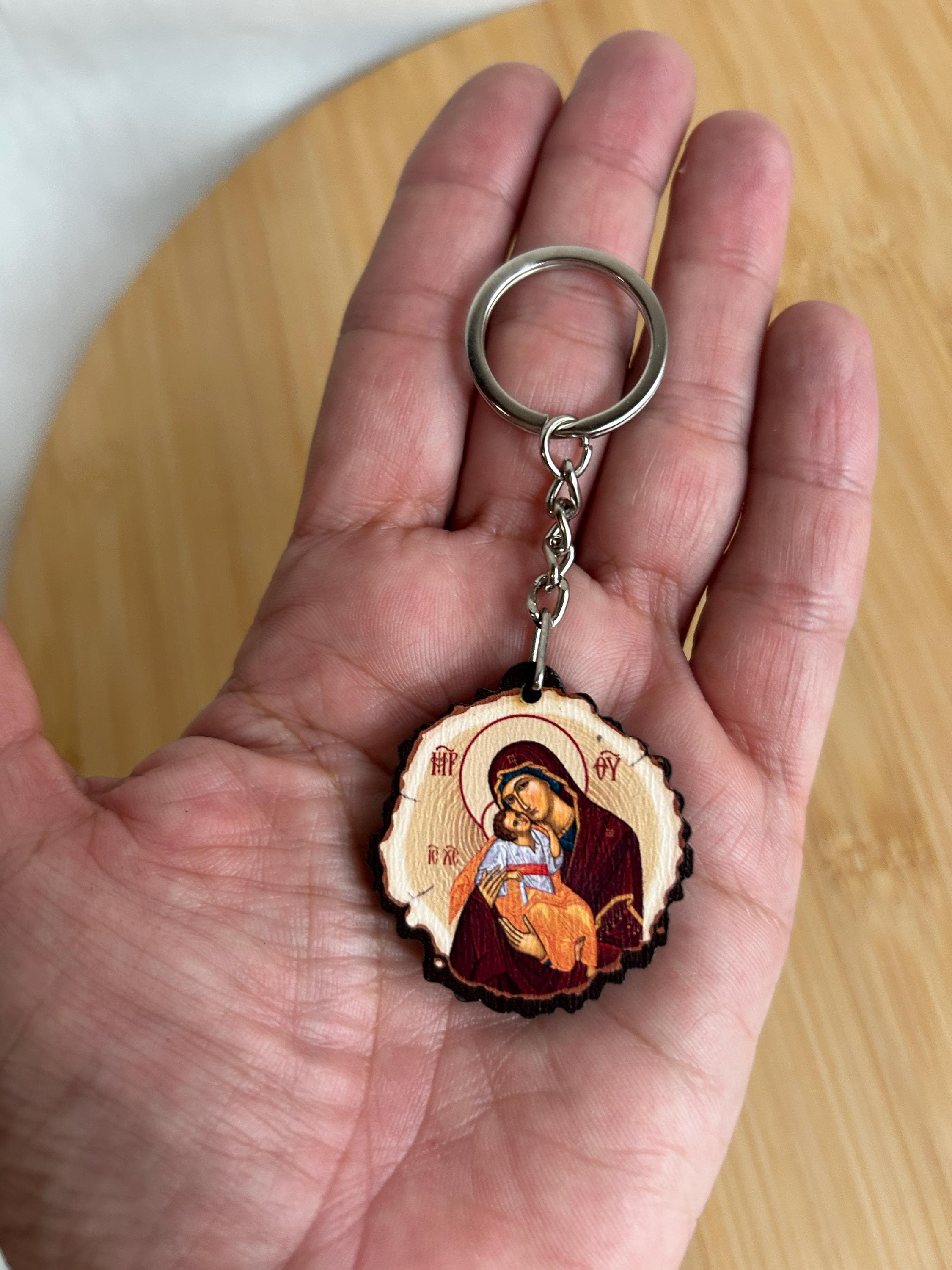 Virgin Mary and Cross Double Sided Key Ring Christian Orthodox