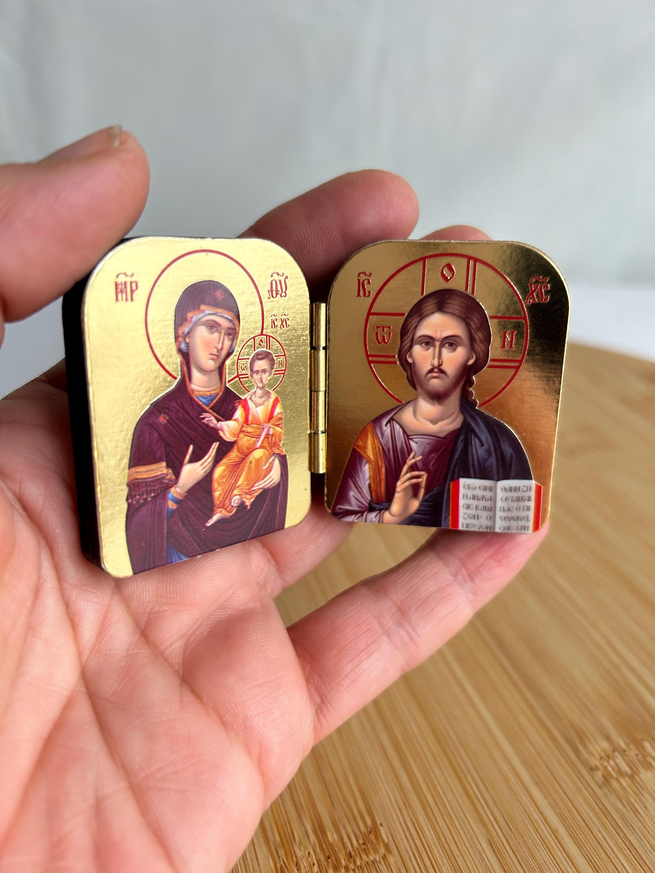 Small Wooden Diptych Icon of Jesus Christ and Holy Theotokos Greek Orthodox byzantine icon Faithful copy of an orthodox Byzantine icon