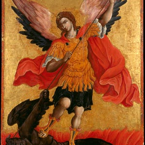 May include: A religious icon painting on a gold background depicting a winged figure in orange armour and a red cloak holding a cross-topped staff. The figure stands over a dark, horned creature amidst red flames, with Greek text visible above.