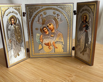 Triptych Icon with Virgin Mary and Archangels in durable metal alloy Plated with silver and Gold