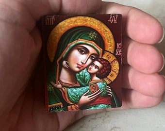 Mini Orthodox Icon of Virgin Mary (panagia): Handmade Wooden Travel ...