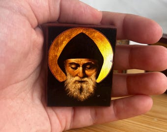 Small wooden icon Saint Charbel Makhlouf   in premium quality handmade faithful copy of an orthodox byzantine icon