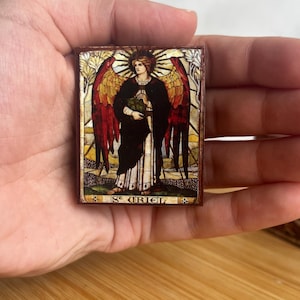 Small wooden pocket icon Archangel Uriel in premium quality handmade faithful copy of an orthodox byzantine travel car icon