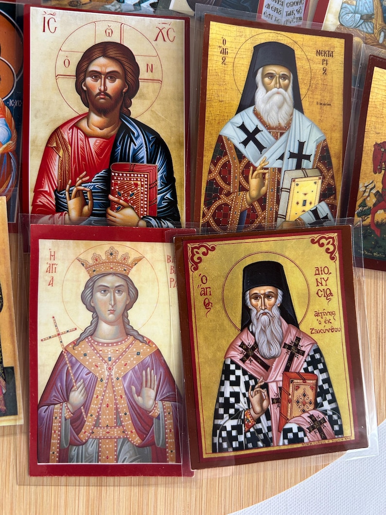 Religious Icon Card Set of 4 Different Laminated Printed Saints Cards, Church School ...