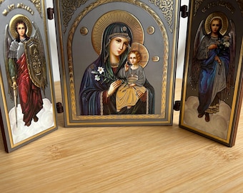 Triptych Icon with Virgin Mary and Archangels in durable metal alloy Plated with silver and Gold