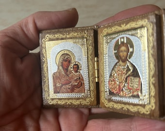 Small Wooden Diptych Icon: Jesus Christ and Theotokos
