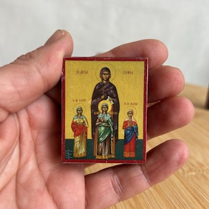 Pequeno ícone de bolso de madeira Santa Sofia com suas filhas em cópia fiel feita à mão de qualidade premium de um ícone bizantino ortodoxo ícone de viagem