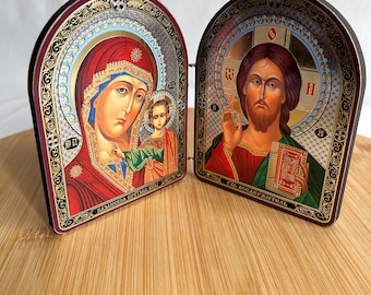 Small Wooden Diptych Icon of Jesus Christ and Holy Theotokos Greek Orthodox byzantine icon Faithful copy of an orthodox Byzantine icon