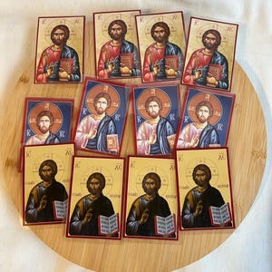 Set di 12 diverse carte plastificate stampate di Gesù Cristo, progetto scolastico della chiesa in omaggio, icone greco-ortodosse in formato tascabile,