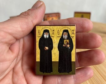 Pequeño icono de madera de San Paisio y San Porfirio en calidad superior, copia fiel hecha a mano de un icono bizantino ortodoxo