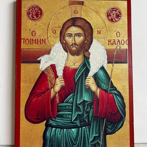 Jesus Christ The Good Shepherd icon Orthodox icons Greek Orthodox byzantine icon Faithful copy of an orthodox Byzantine icon printed on wood