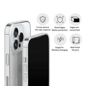 Puede incluir: Una funda transparente para tel&eacute;fono con bordes elevados para mayor protecci&oacute;n. La funda est&aacute; hecha de material TPU/GEL seguro de 1,5 mm y admite carga inal&aacute;mbrica. La funda tiene un acabado mate y una impresi&oacute;n de alta definici&oacute;n.