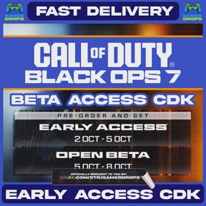 Op de afbeelding: Een promotionele afbeelding voor "Call of Duty: Black Ops 7" met de tekst "Snelle Levering". De afbeelding benadrukt "Beta Access CDK" en de data van "Early Access" van 2 tot 5 oktober, en "Open Beta" van 5 tot 8 oktober.